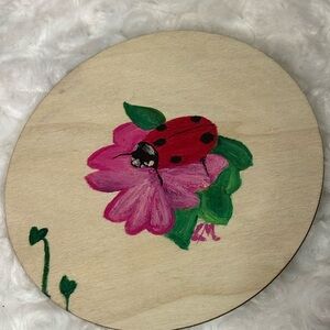 Lady Bug on Flower acrylic Painting coaster original by Artist Lise Marie